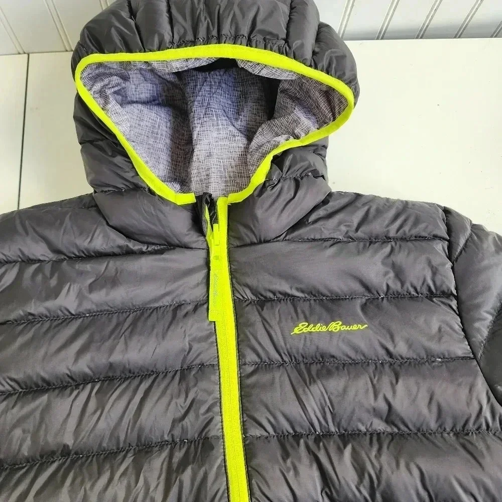 Eddie Bauer Reversible Jacket Boys Black Gray Green Puffer Hooded Down L (14)